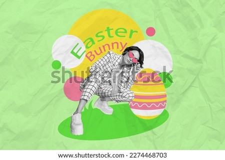 Collage photo of young cool performer lady wear formal suit painted glasses easter holiday event ornament eggs tradition isolated on green background