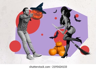 Collage Photo Of Young Couple Normal Guy Hold Pumpkin Head With Hat Witch Lady Wear Lingerie Seduce Man Isolated On Painted Background