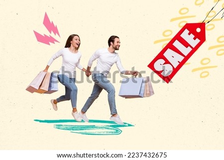 Collage photo of young couple running with stack bargains new brand shopping promo sale red label price tag isolated on white color background