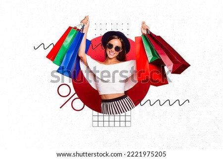 Collage photo of young cute designer lady cool shopping specialist wear glamour outfit nice hat last proposition chance isolated on white background