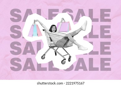 Collage photo of young excited crazy girl driving shopping cart hold bags with cheap clothes sale special offer isolated on pink color background - Shutterstock ID 2221975167