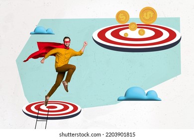 Collage Photo Of Young Funny Excited Student Superhero Worker Career Ofice Target Coin Usd Dollars Positive Fly Air Isolated On Painted Heaven Background