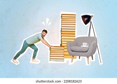 Collage Photo Of Young Funny Positive Excited Man Push Hard Powerful Strong Student Book Library Decoration Chair Office Isolated On Bright Blue Color Background