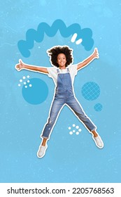 Collage photo of young funny schoolgirl kid jump air trampoline good mood doodle carefree isolated on blue color background