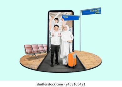 Collage photo of Young happy family and travel suitcase on an escalator at the airport - Powered by Shutterstock