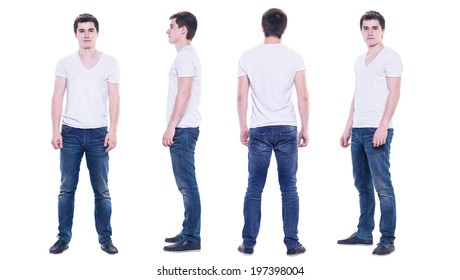 Collage photo of a young man in white t-shirt isolated, front, back, side view.