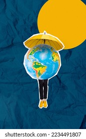 Collage photo of young man without body planet earth sphere save surface yellow umbrella against shining sun isolated on paper blue background