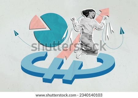 Collage photo of young overjoyed funky woman jumper fists up euro currency growth diagram high productivity isolated on blue background