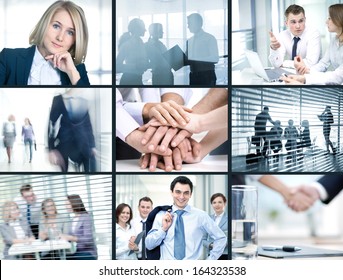 Collage Of Photo Young People Working Together In Business