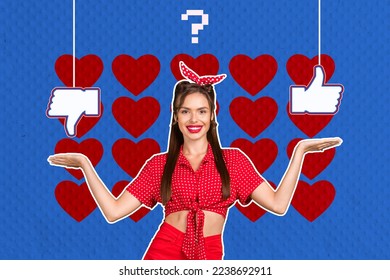 Collage photo of young positive lady wear red summer outfit hold palms balance questioned choose like dislike isolated on red hearts blue background - Powered by Shutterstock