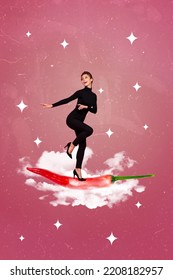 Collage Photo Of Young Pretty Sporty Cute Girl Wear Black Costume Dancing Red Hot Chili Pepper Food Crazy Isolated On Bright Pink Color Background