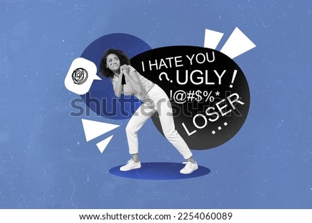 Collage photo of young stressed woman bring hold huge abstract creative bag with swearwords offense problems isolated on blue color background