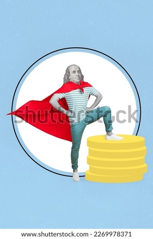 Collage photo of young superhero head benjamin franklin economics master red cape collect golden tokens isolated on painted blue color background