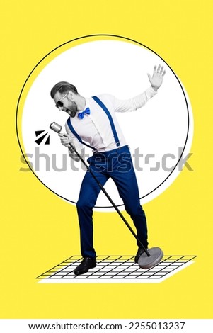 Collage photo of young talented concert singer man wear spectacles suspenders gentleman hold microphone jazz isolated on yellow color background