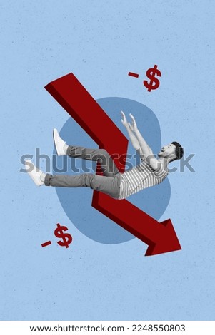 Collage photo of young trader guy stay big red arrow decreasing minus profit problems recession inflation dollars isolated on blue color background