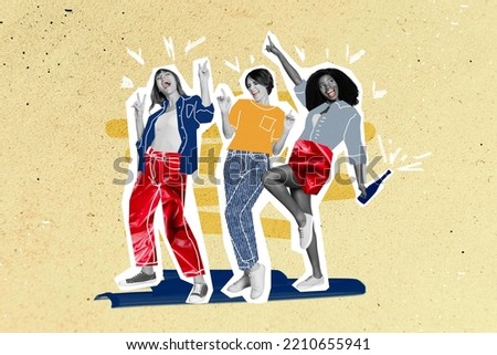 Collage photo of young trio youngsters girlfriends celebrate weekend holiday excited event dancers drunk champagne isolated on painted yellow background