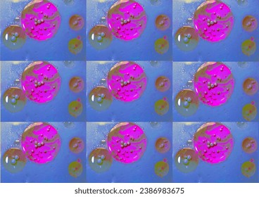 Collage of photographs of soap bubbles on a purple and blue background. Collage of one photo repeated nine times in the GIMP photo editor. The background image was created by the photographer.