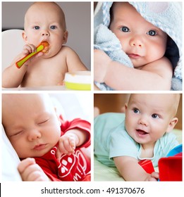 Collage Of Photos Baby Child Daily Routine - Eating, Bathing, Sleeping And Playing. Collage Of Lifestyle, Maternity, Family, Baby 0-12 Months. Photos Of Baby Child Development, Employment And Activity