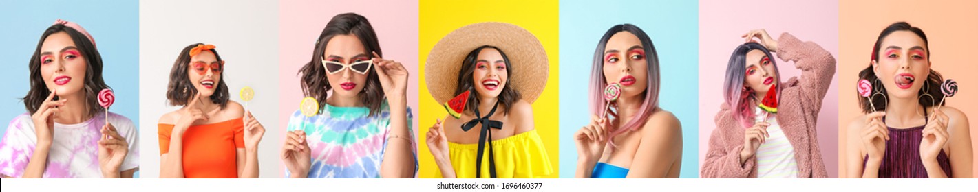 Collage of photos with beautiful young woman holding lollipops  - Shutterstock ID 1696460377