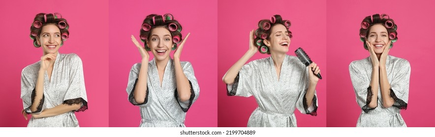 Collage with photos of beautiful young woman wearing bathrobe with hair curlers on pink background. Banner design - Powered by Shutterstock