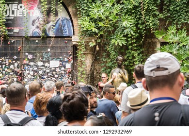 A Collage Of Photos Of A Bronze Statue Of Juliet And Group Of People Around It. 12.8.2017, Italy Verona