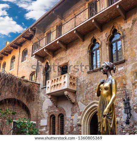 Collage of photos, the bronze statue of Juliet and the Romeo & Juliet balcony, Verona Italy