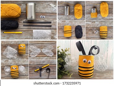 Collage Of Photos, Children's Learning How To Make A Pencil Holders, A Bee From A Strand And A Tin Can.