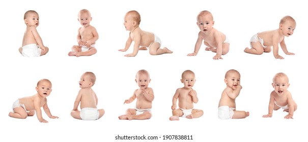 Collage With Photos Of Cute Little Baby In Diaper On White Background. Banner Design