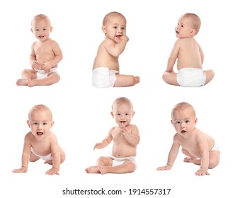 Collage With Photos Of Cute Little Baby In Diaper On White Background