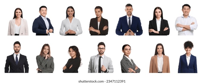Collage with photos of different businesspeople on white background - Shutterstock ID 2347112391