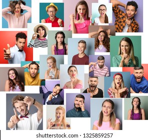 Collage Of Photos With Different Emotional People On White Background