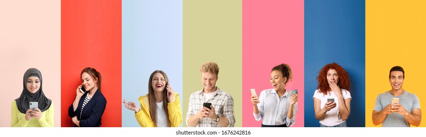 Collage Of Photos With Different Emotional People Using Mobile Phones