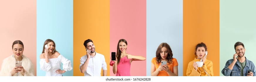 Collage Of Photos With Different Emotional People Using Phones