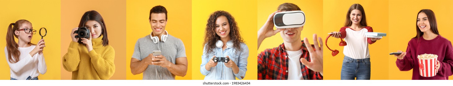 Collage of photos with different people using devices on yellow background