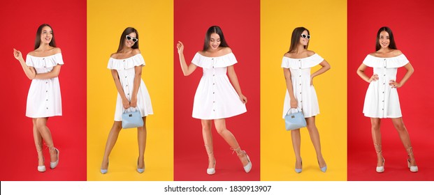 Collage With Photos Of Different Young Women Wearing Same Dress On Bright Backgrounds