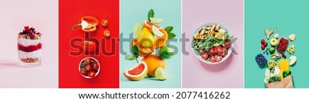 collage of photos with dishes of smoothie balance fruits salad vegetables and fruits on colored backgrounds