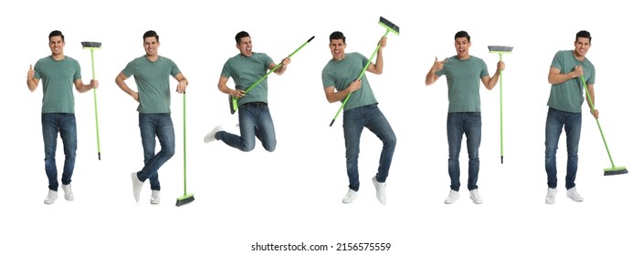 Collage with photos of happy man with broom on white background. Banner design