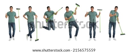 Collage with photos of happy man with broom on white background. Banner design