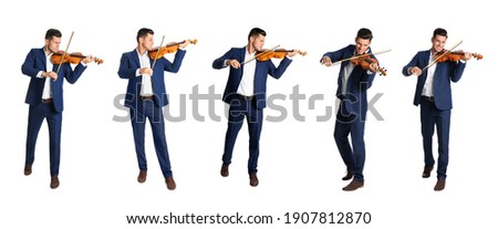 Collage with photos of happy man playing violin on white background