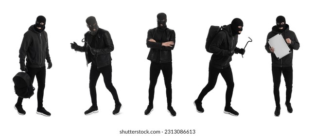 Collage with photos of man in balaclavas on white background