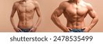 Collage with photos of man before and after gaining muscle mass on beige background, closeup