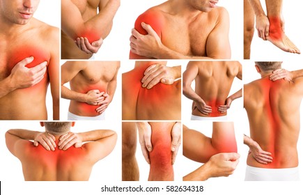 Collage of photos with man having pains in different parts of body