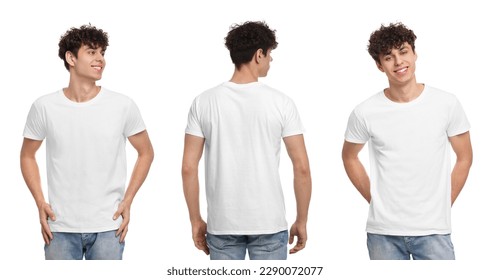 Collage with photos of man in stylish t-shirt on white background, back and front views. Mockup for design