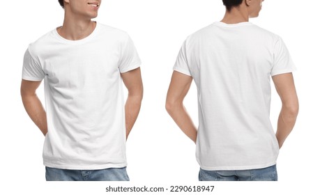 Collage with photos of man in stylish t-shirt on white background, closeup. Back and front views for mockup design