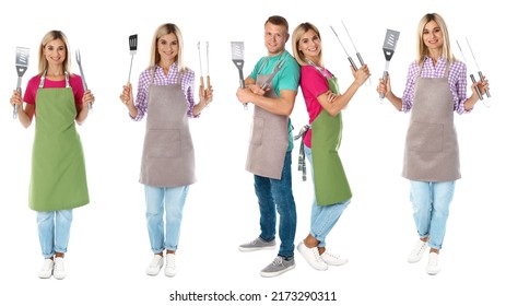 Collage with photos of man and woman holding barbecue utensils on white background - Powered by Shutterstock