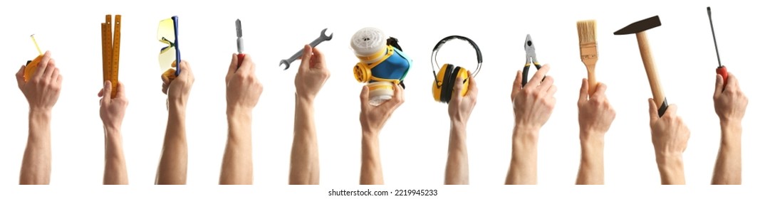 Collage with photos of men holding different construction tools on white background, closeup. Banner design