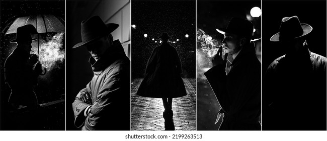 Collage of photos in noir style with a man in raincoat and hat in the rain with an umbrella with a cigarette in night city