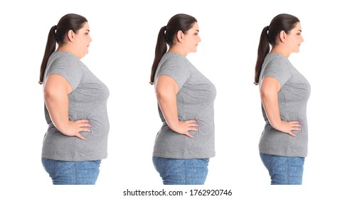 Collage with photos of overweight woman before and after weight loss on white background - Shutterstock ID 1762920746