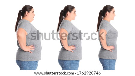 Collage with photos of overweight woman before and after weight loss on white background