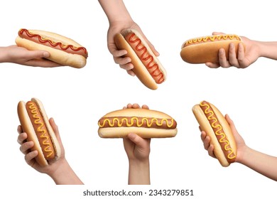 Collage with photos of people holding tasty hot dogs on white background, closeup